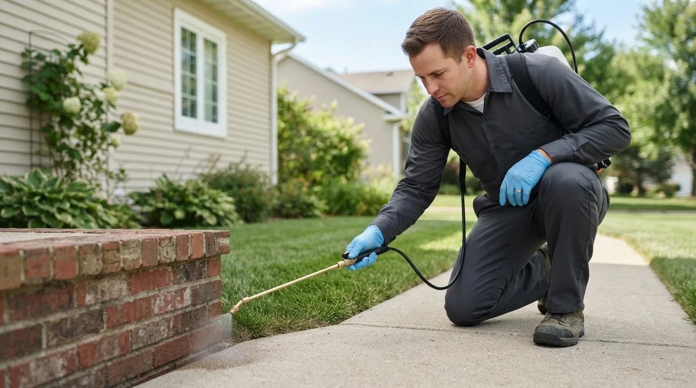 Pest control technician treating a home near Malvern, IA
