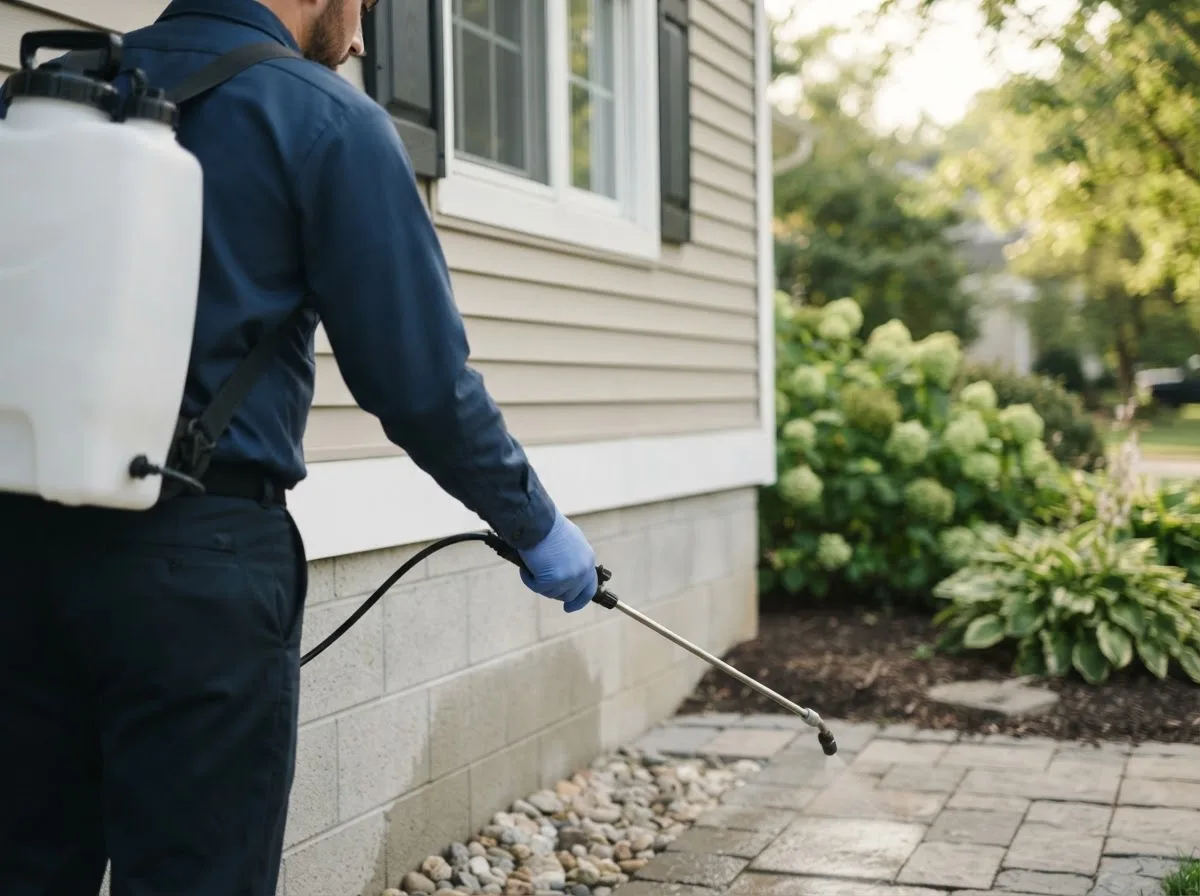 Pest control technician inspecting a home in Malvern, IA